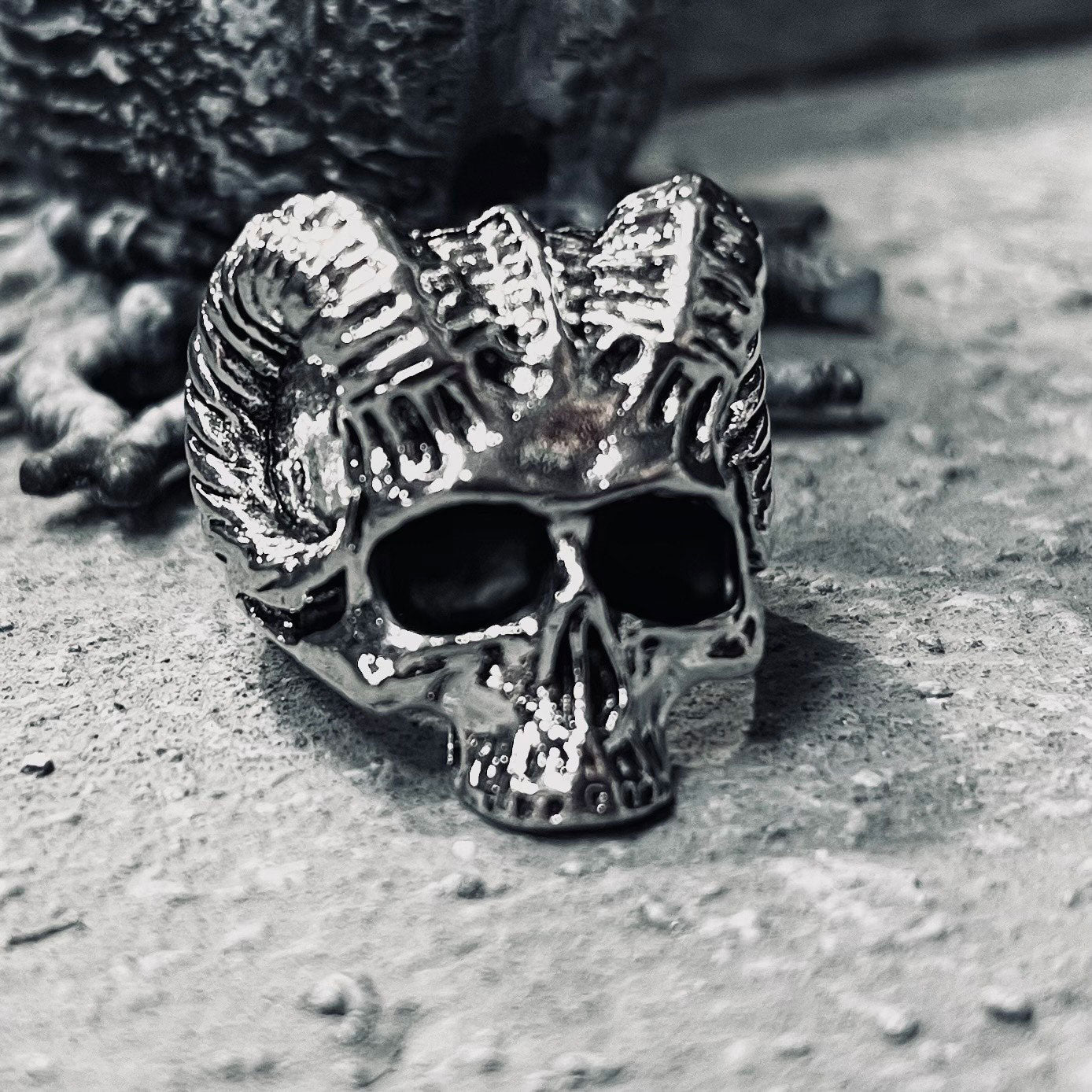 Unholy Faunus Horned Skull Ring