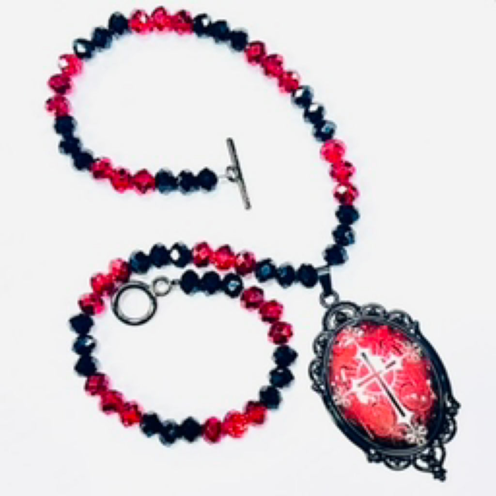 Crimson Cameo Cross Necklace