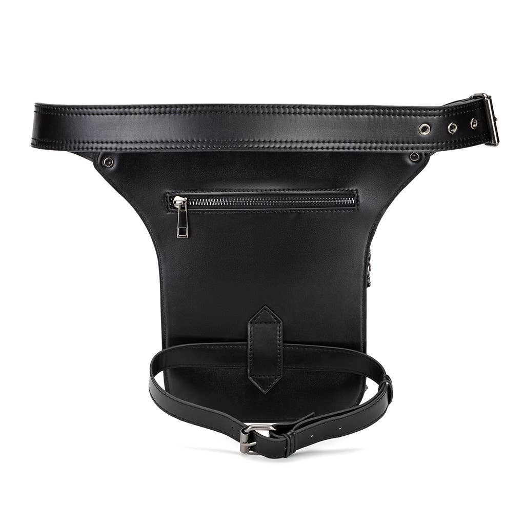 Punk Style Skull - Embossed Studded Leather Hip Belt Bag: 27cm x 30cm x 12cm, Skull