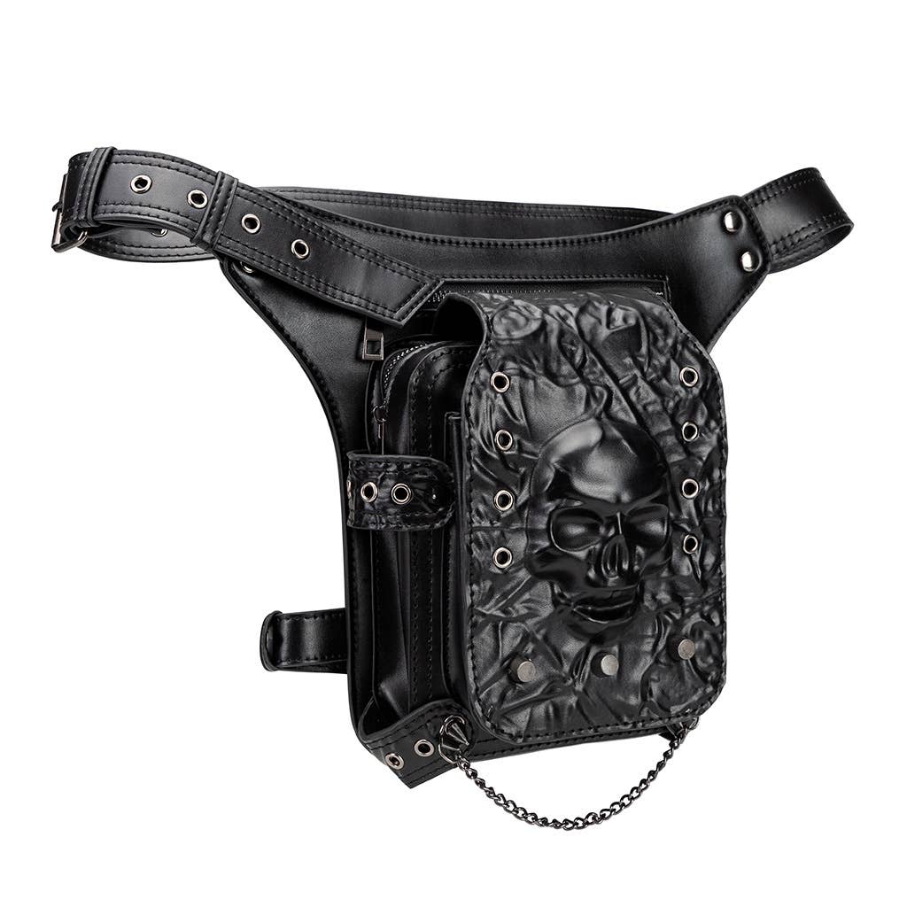 Punk Style Skull - Embossed Studded Leather Hip Belt Bag: 27cm x 30cm x 12cm, Skull