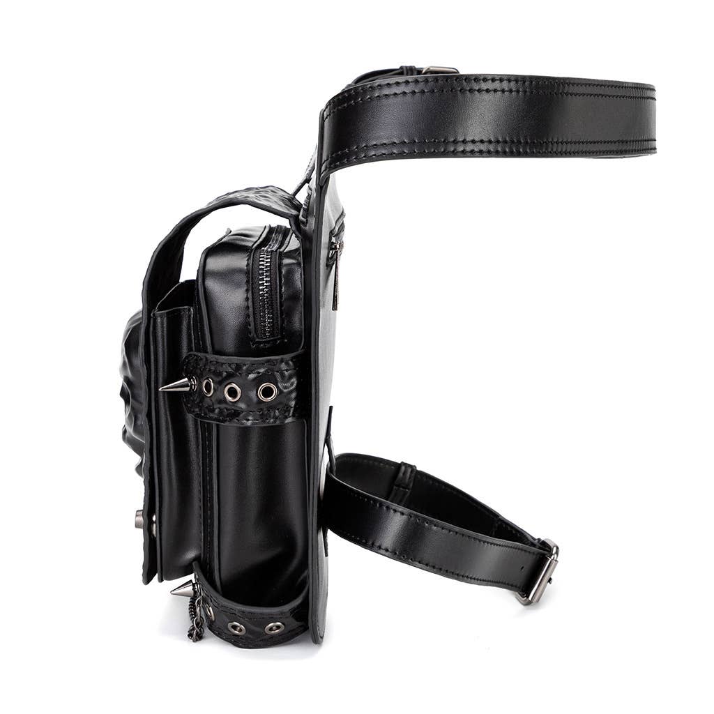 Punk Style Skull - Embossed Studded Leather Hip Belt Bag: 27cm x 30cm x 12cm, Skull