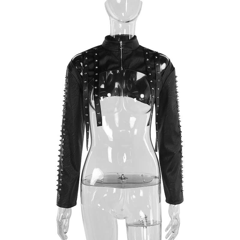 Gothic Women Elegant Sexy Studded Pu Cropped Top: Black, M