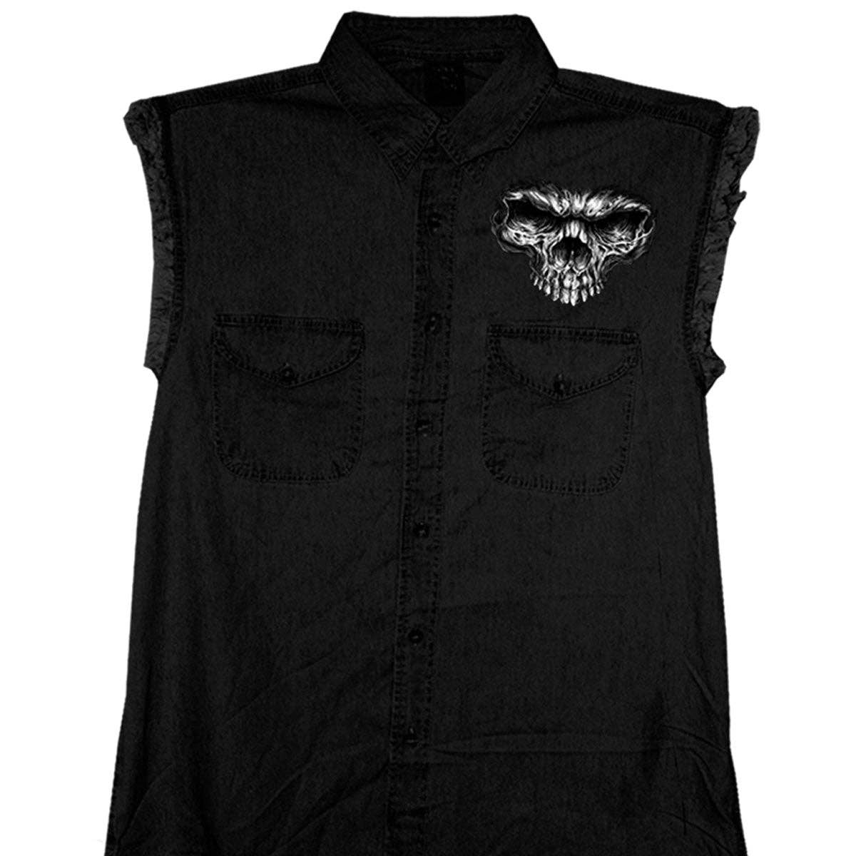 Hot Leathers GMD5237 Mens 'Shredder Skull' Black Sleeveless Denim Shirt: BLACK, L