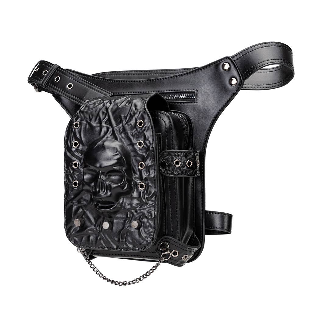 Punk Style Skull - Embossed Studded Leather Hip Belt Bag: 27cm x 30cm x 12cm, Skull