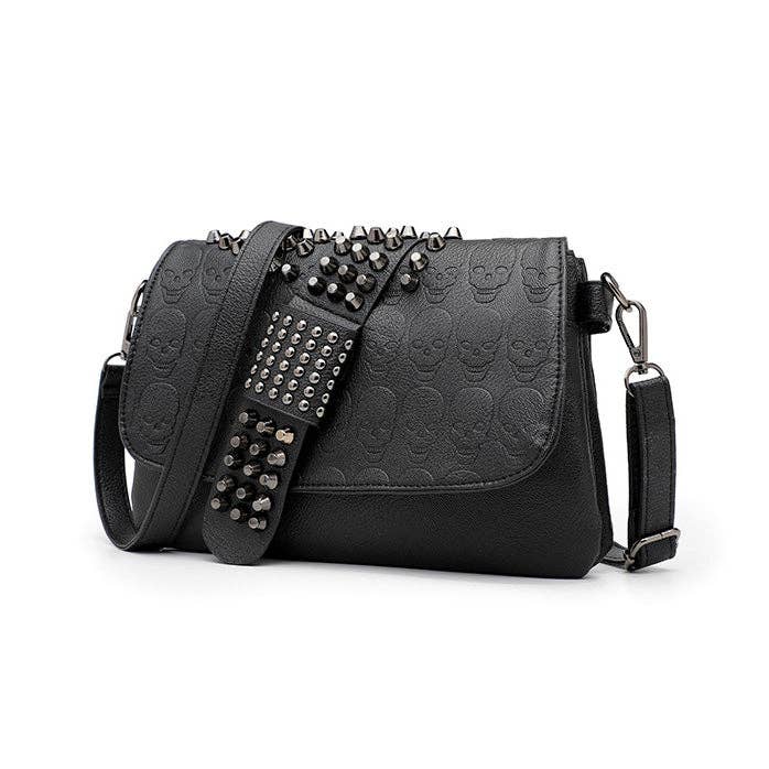 Riveted Embossed Skull Shoulder Bag: Pure Black