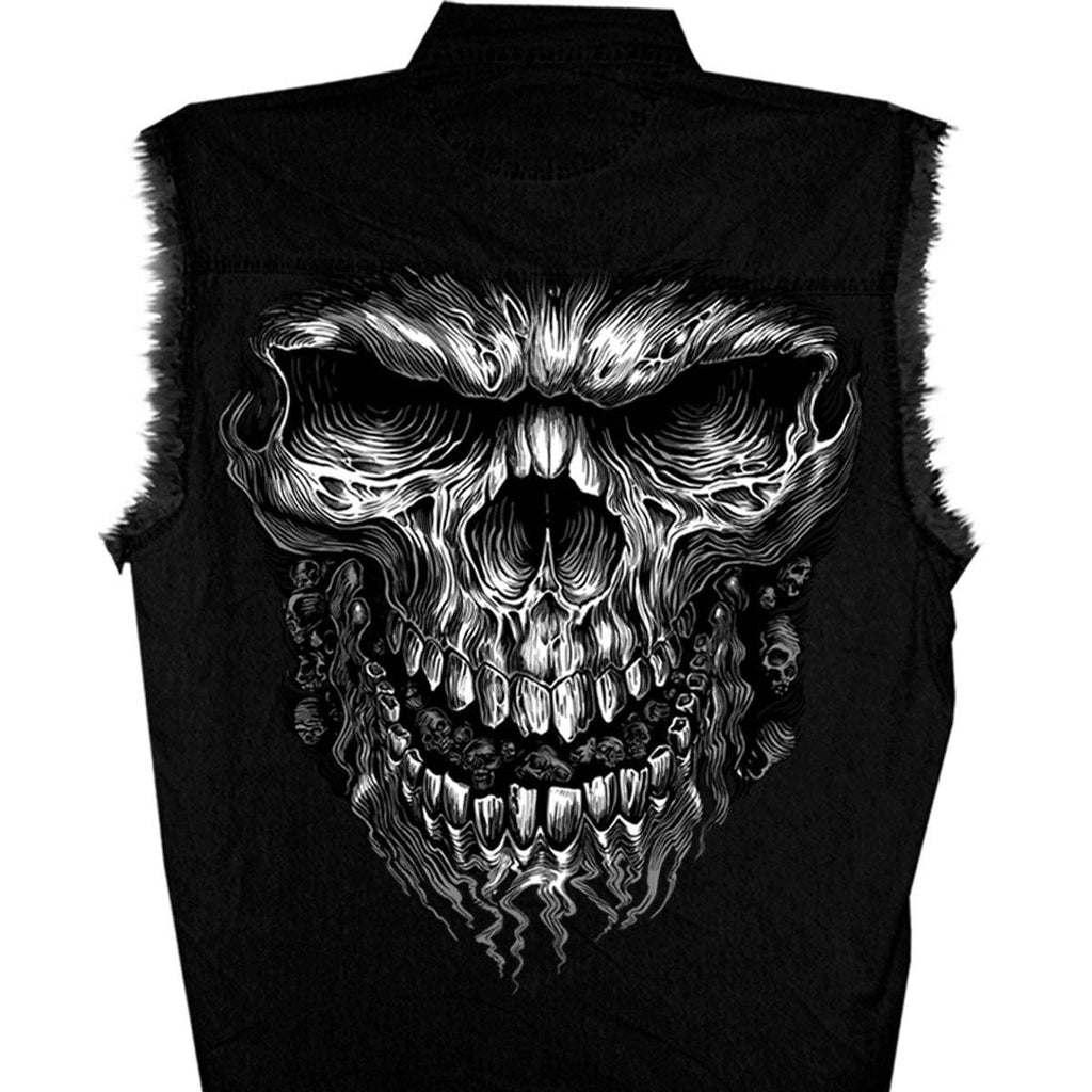 Hot Leathers GMD5237 Mens 'Shredder Skull' Black Sleeveless Denim Shirt: BLACK, L