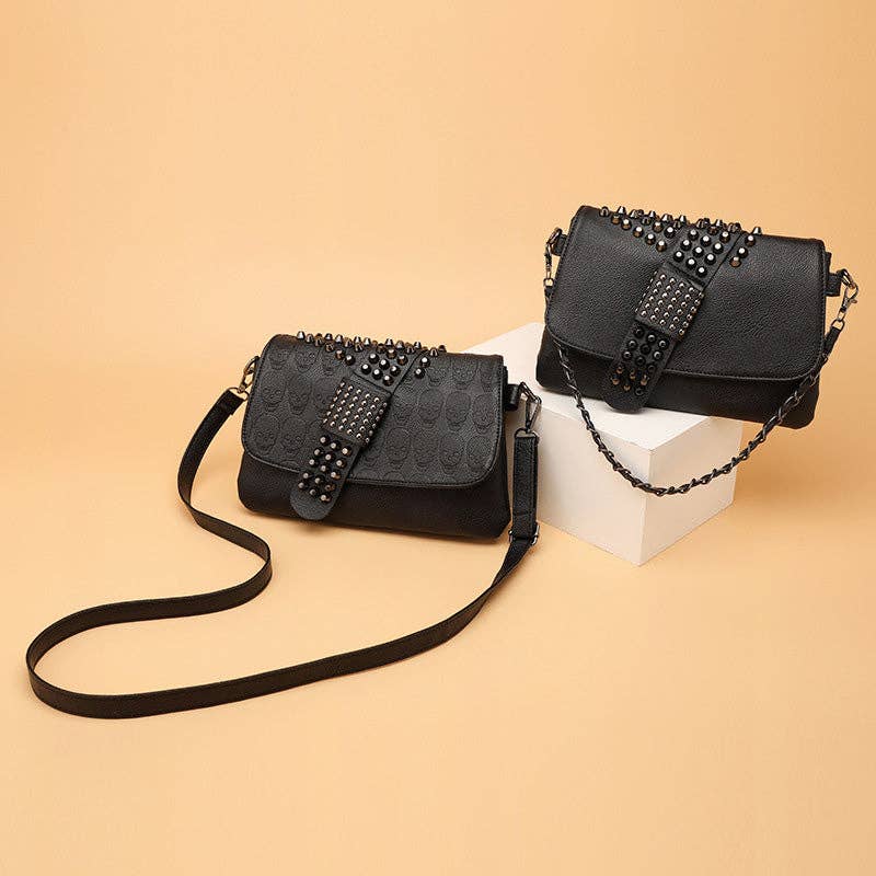 Riveted Embossed Skull Shoulder Bag: Pure Black