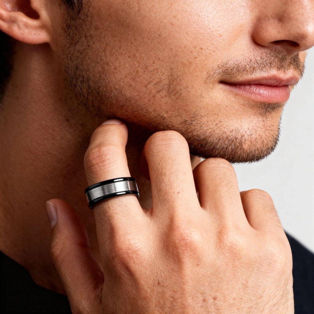 Black trim Brushed Center Stainless Steel Blank Ring: 11, 6mm