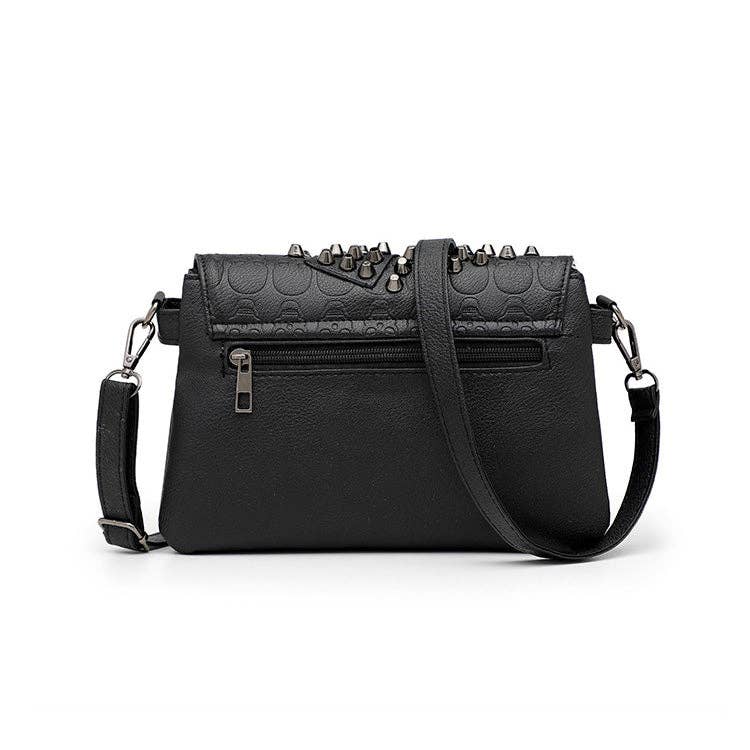 Riveted Embossed Skull Shoulder Bag: Pure Black