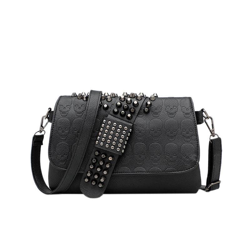Riveted Embossed Skull Shoulder Bag: Pure Black