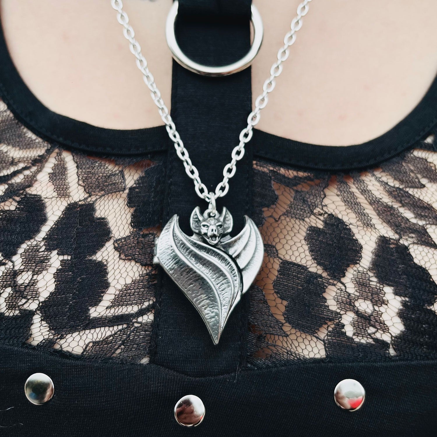 Darken Heart Bat Locket Necklace