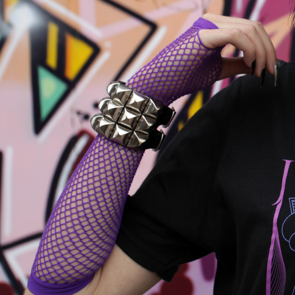 Fishnet Long Fingerless Gloves - Purple