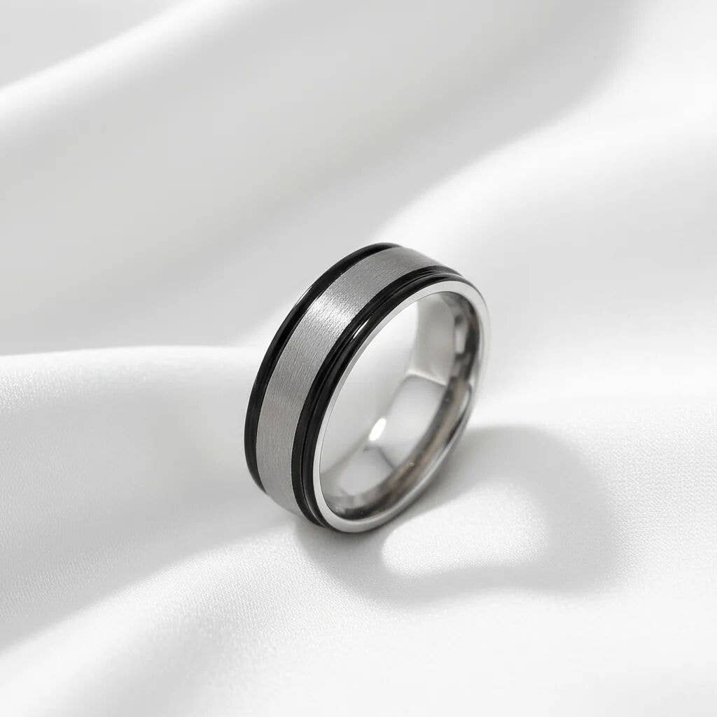 Black trim Brushed Center Stainless Steel Blank Ring: 11, 6mm