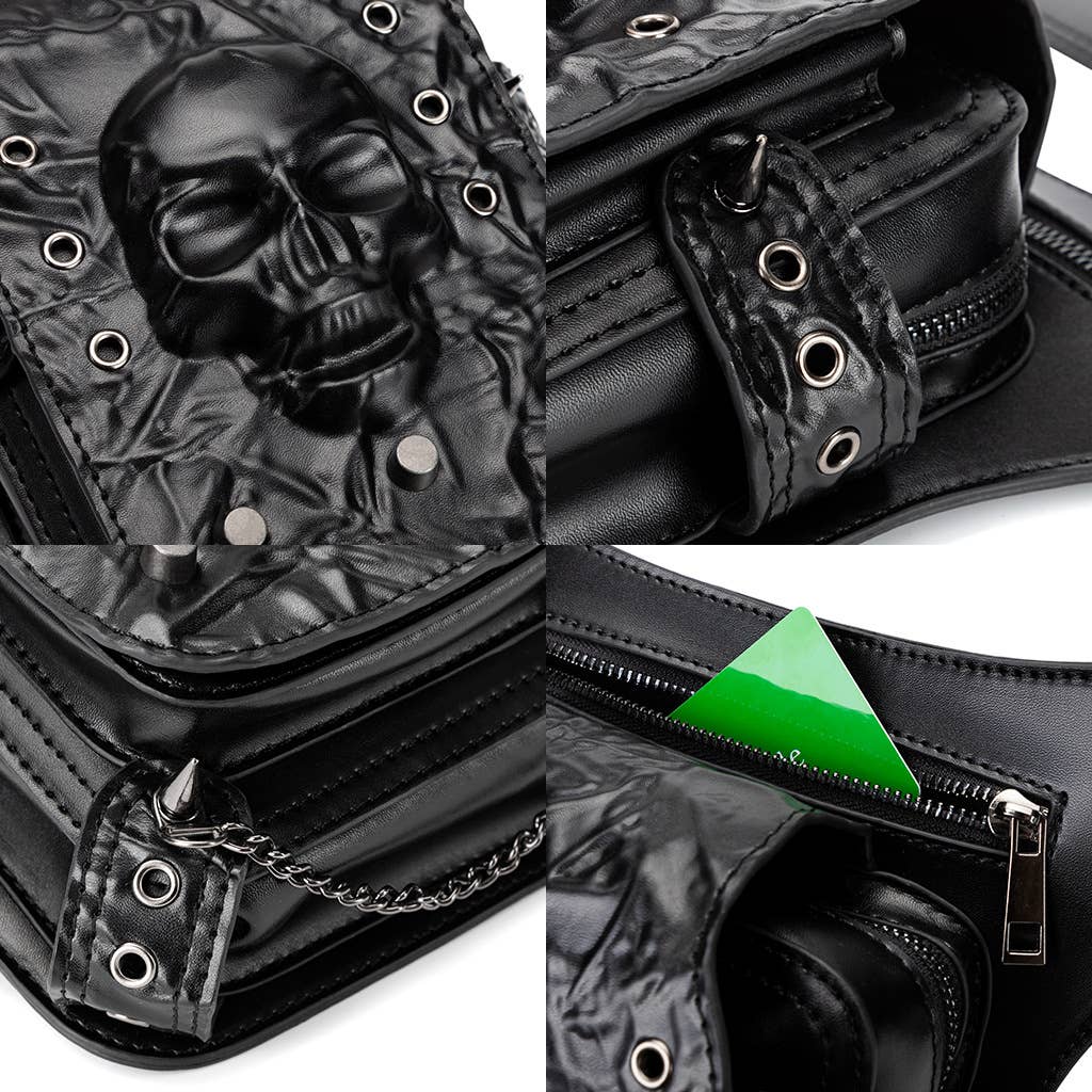 Punk Style Skull - Embossed Studded Leather Hip Belt Bag: 27cm x 30cm x 12cm, Skull
