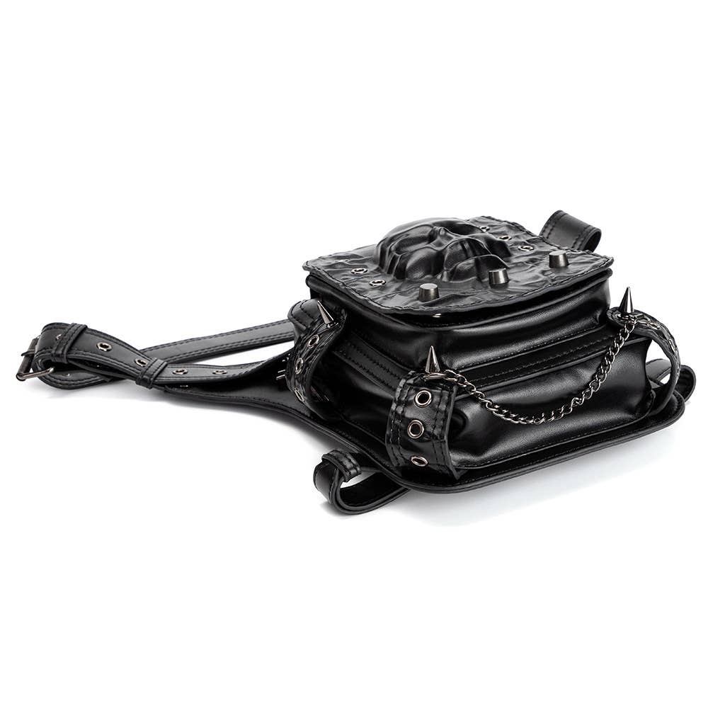 Punk Style Skull - Embossed Studded Leather Hip Belt Bag: 27cm x 30cm x 12cm, Skull