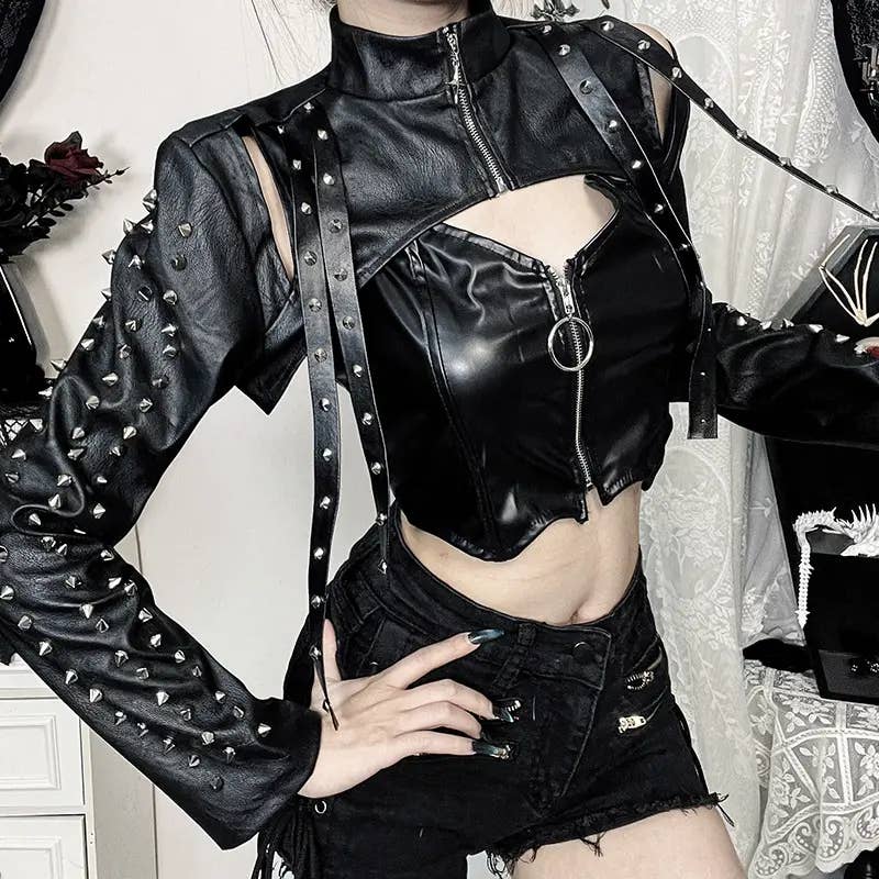 Gothic Women Elegant Sexy Studded Pu Cropped Top: Black, M