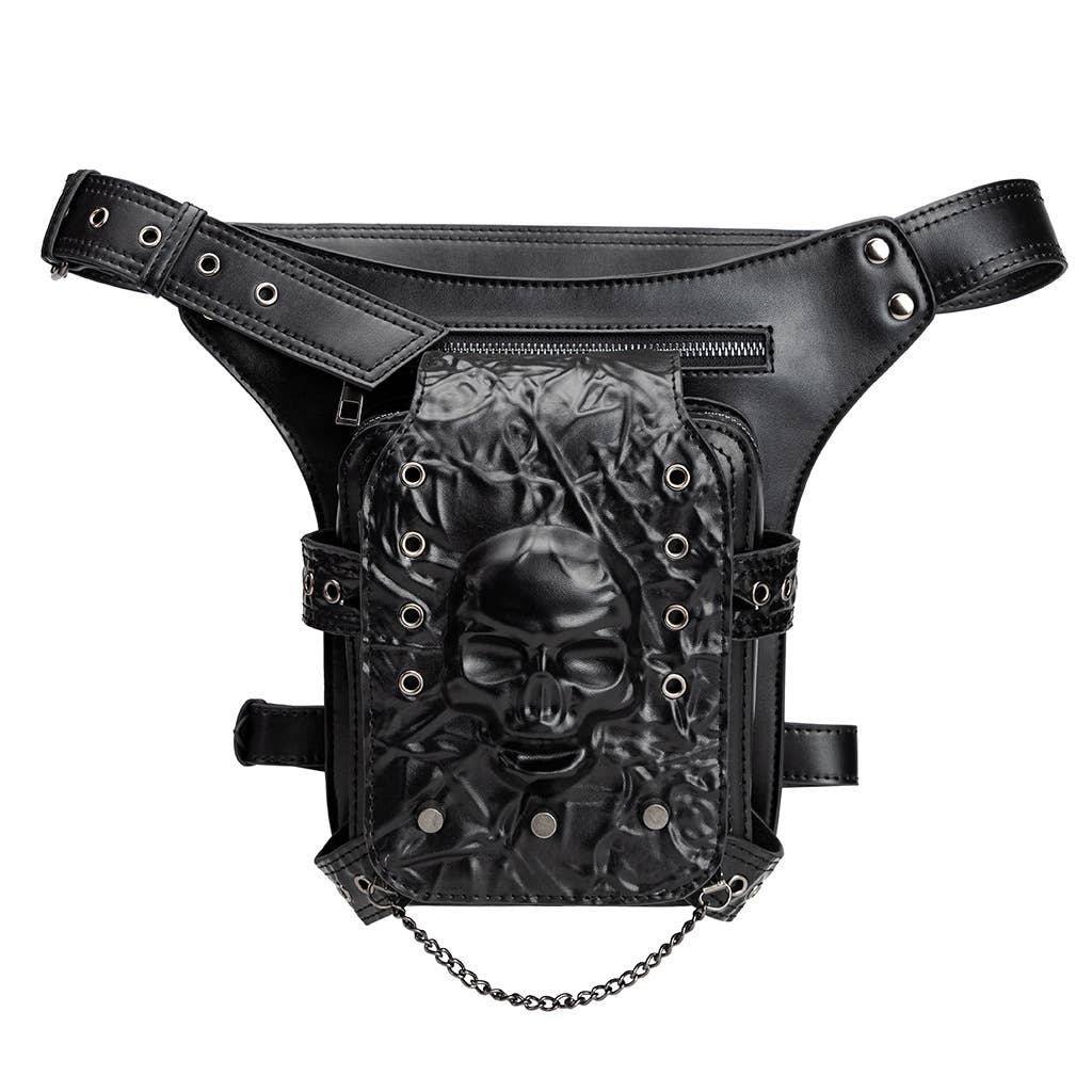 Punk Style Skull - Embossed Studded Leather Hip Belt Bag: 27cm x 30cm x 12cm, Skull