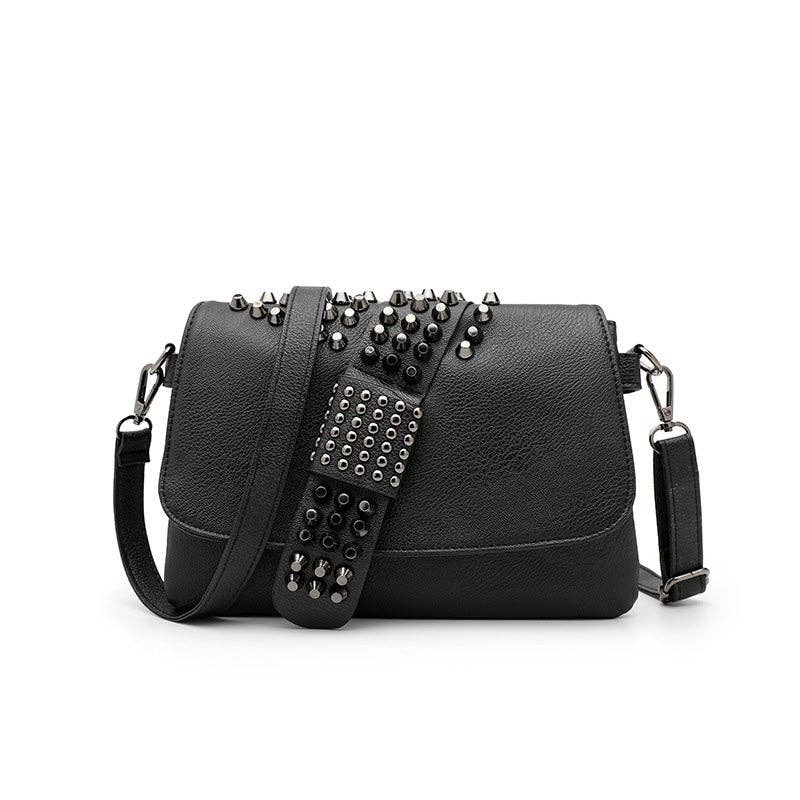 Riveted Embossed Skull Shoulder Bag: Pure Black