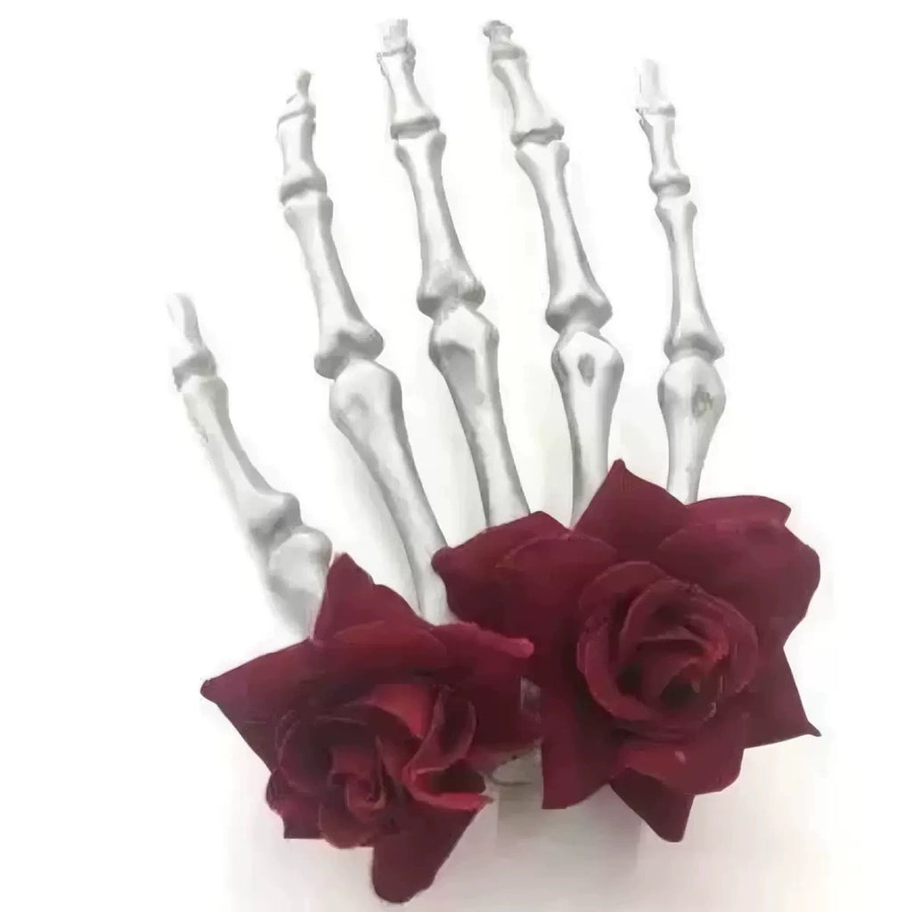 Dead Hand Rose Hair Clip, Red Rose, skeleton hand hair clip with rose