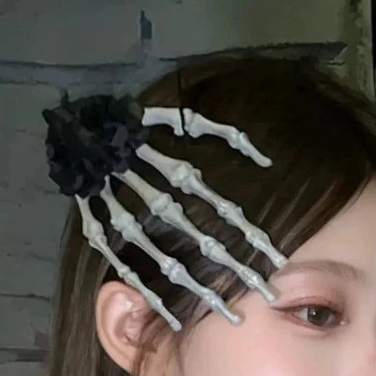 Dead Hand Rose Hair Clip, Black Rose, skeleton hand hair clip with rose