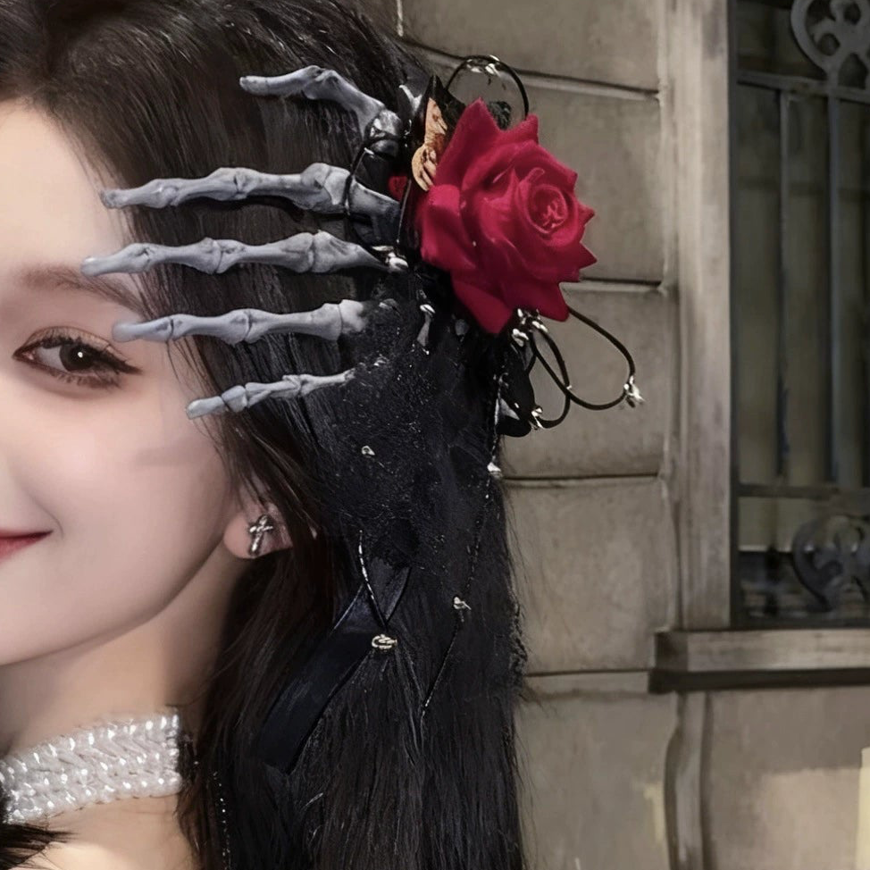 Dead Hand Rose Hair Clip, Red Rose