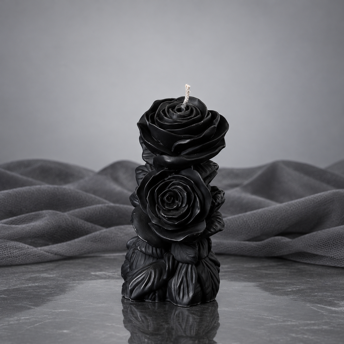 Widow's Bouquet Rose Candle, black sculpted rose pillar candle