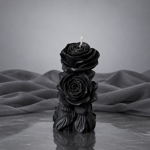 Widow's Bouquet Rose Candle, black sculpted rose pillar candle
