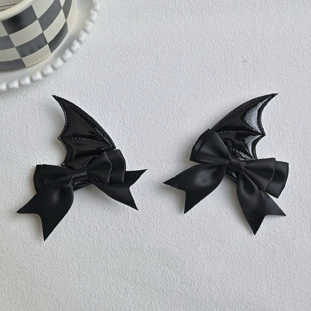 Vamp Bow Wing Hair Clips, black bat wing and satin bow hair clips