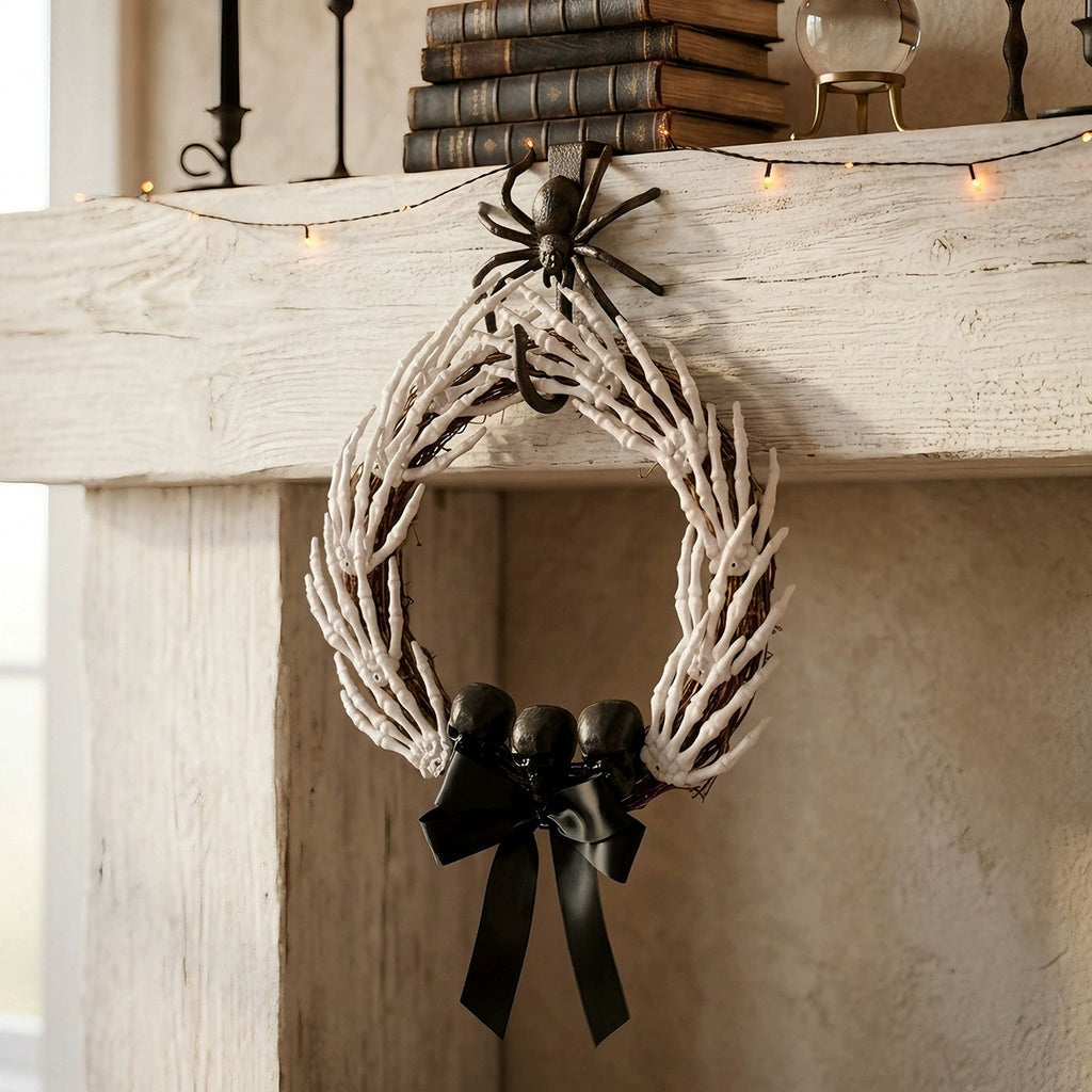Grasping Hands Skull Wreath, grapevine wreath covered in skeleton hands with black skulls and bow