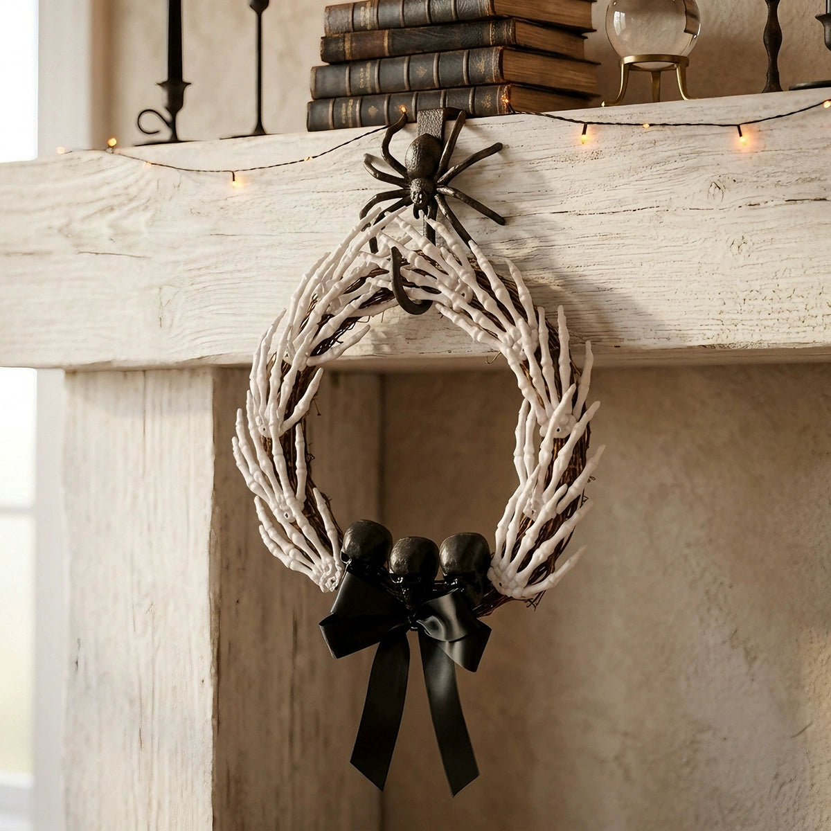 Grasping Hands Skull Wreath, grapevine wreath covered in skeleton hands with black skulls and bow