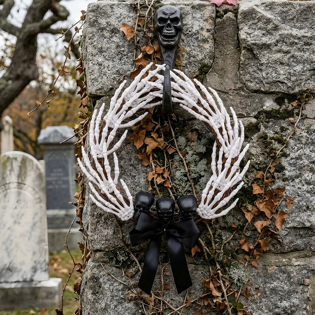 Grasping Hands Skull Wreath, grapevine wreath covered in skeleton hands with black skulls and bow