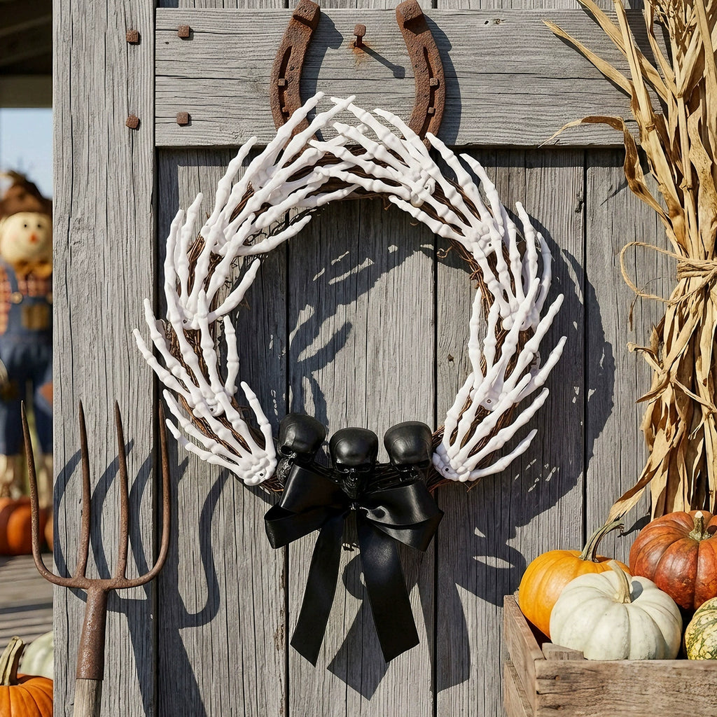 Grasping Hands Skull Wreath, grapevine wreath covered in skeleton hands with black skulls and bow