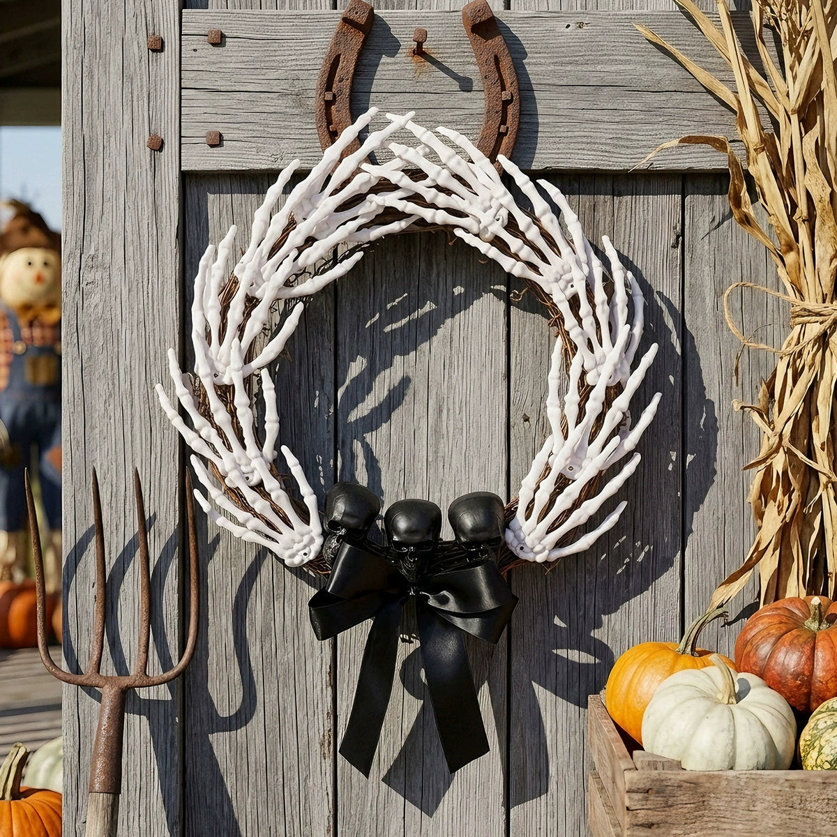 Grasping Hands Skull Wreath, grapevine wreath covered in skeleton hands with black skulls and bow