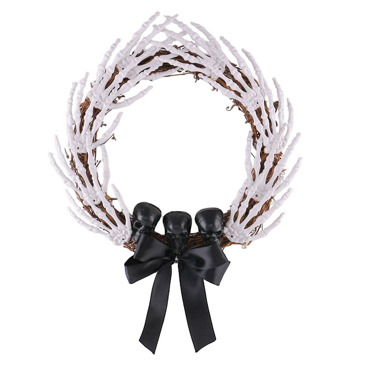Grasping Hands Skull Wreath, grapevine wreath covered in skeleton hands with black skulls and bow
