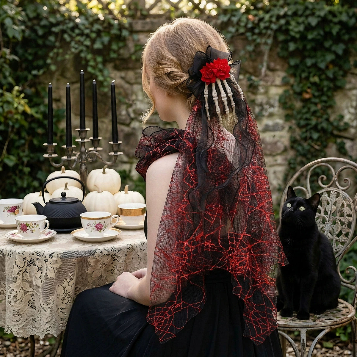 Bride of the Web Hair Clip, skeleton hand clip with red roses and spiderweb veil