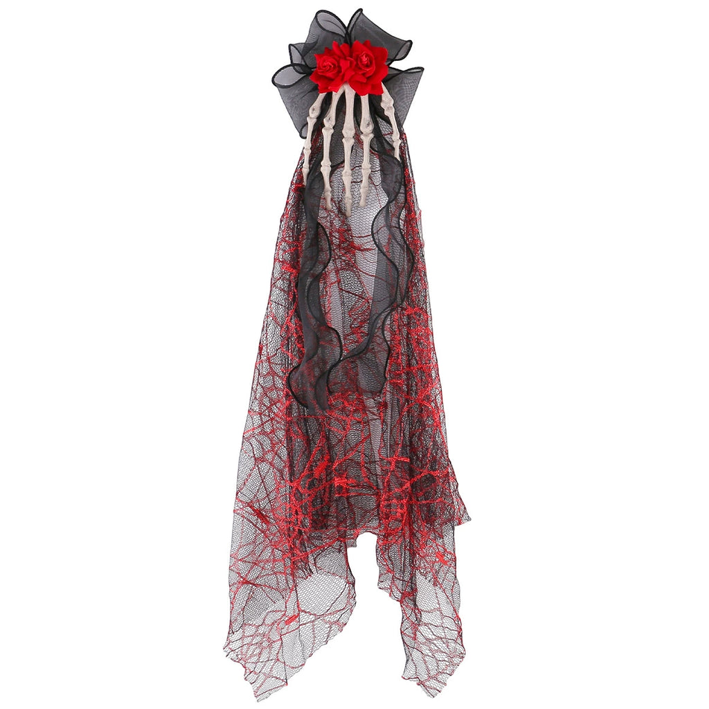 Bride of the Web Hair Clip, skeleton hand clip with red roses and spiderweb veil