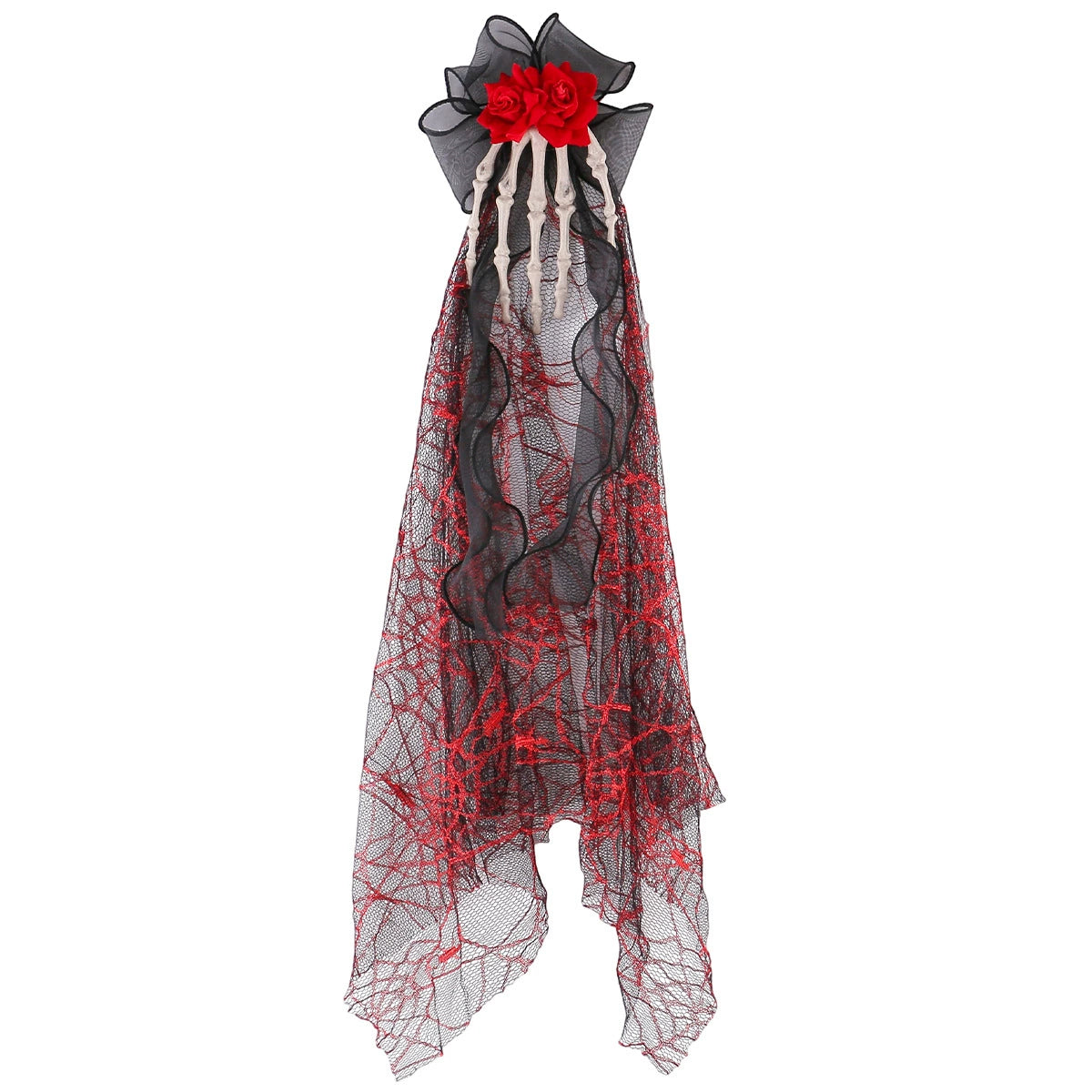 Bride of the Web Hair Clip, skeleton hand clip with red roses and spiderweb veil