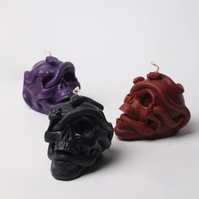 Serpent's Nest Skull Candle, Black, skull candle with coiled snakes