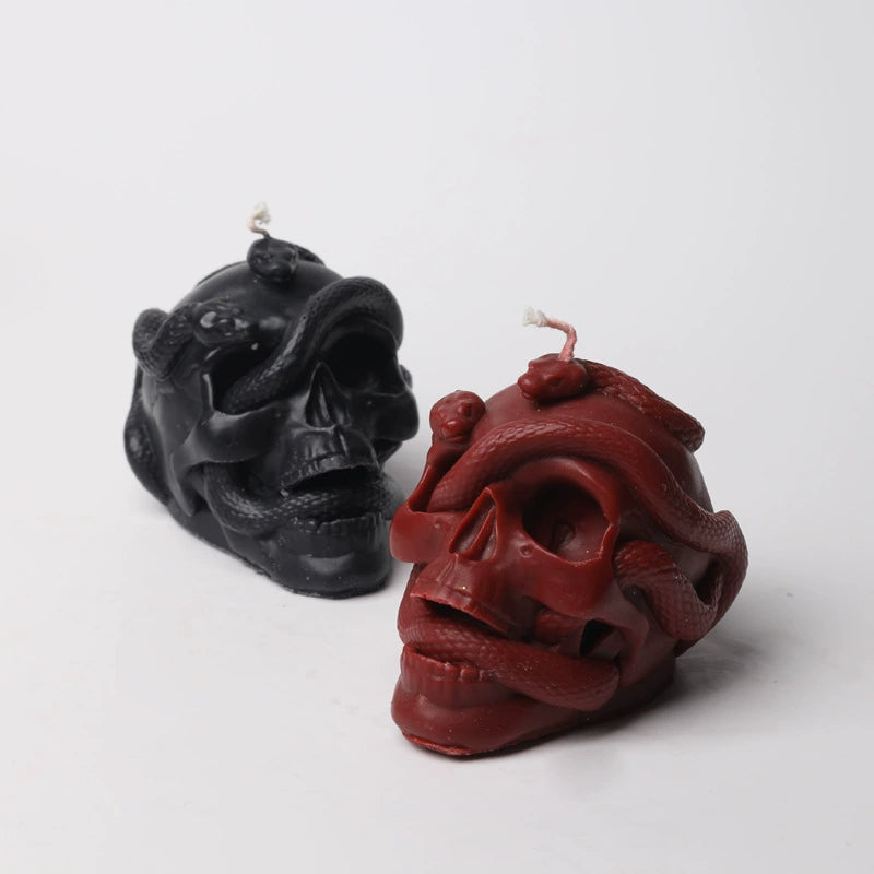 Serpent's Nest Skull Candle, Black, skull candle with coiled snakes