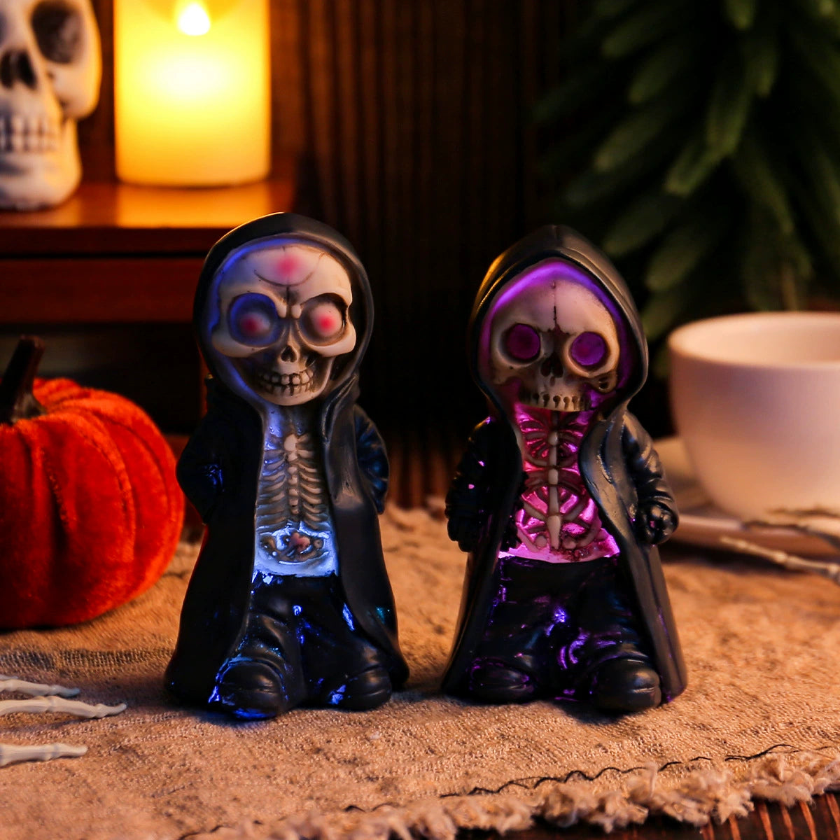 Hooded Reaper Light-Up Figure, Hollow Eyes, resin hooded skeleton figure
