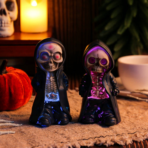 Hooded Reaper Light-Up Figure, Hollow Eyes, resin hooded skeleton figure
