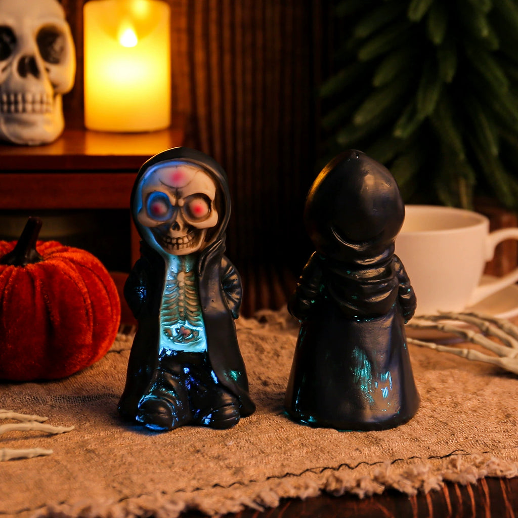 Hooded Reaper Light-Up Figure, Hollow Eyes, resin hooded skeleton figure