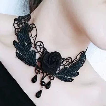 Ivy Wreath Lace Choker, black leaf lace choker with rose or purple gem