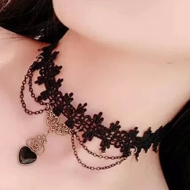 Black Heart Swag Choker, black lace choker with chain swags and black heart pendant