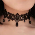 Countess Lace Choker, wide black lace choker with framed black jewel and teardrops