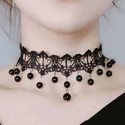 Seance Bead Lace Choker, black lace choker with round black bead drops