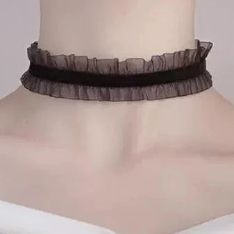 Pierrot Ruffle Choker, black mesh ruffle choker with velvet ribbon