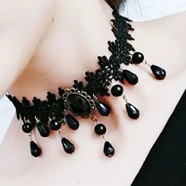 Weeping Lace Choker, black leaf lace choker with black jewel and many teardrops