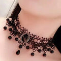 Midnight Mass Lace Choker, black scalloped lace choker with black jewel and bead drops
