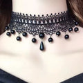 Rosary Bead Lace Choker, black scalloped lace choker with round black bead drops